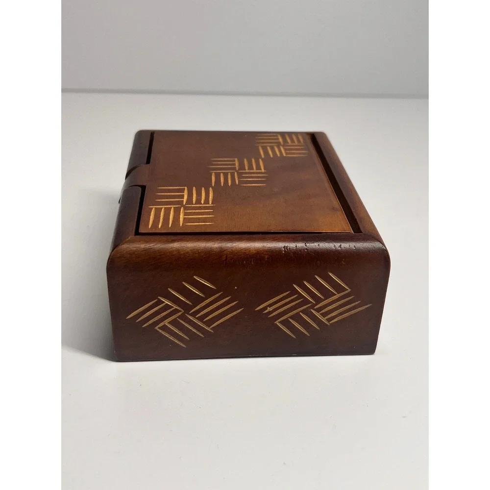 Handmade Mango Wood Trinket Box Etched Geometric Design Black Felt Lining Brown